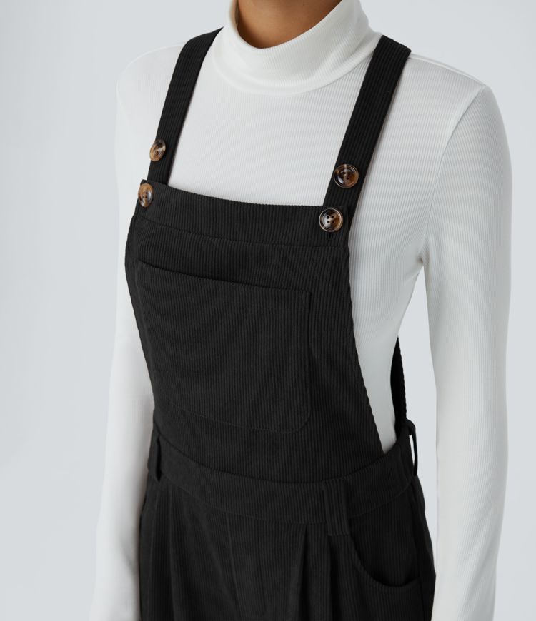 Salopette décontractée en velours côtelé plissé avec bretelles ajustables, boutons, multi-poches et fermeture éclair invisible