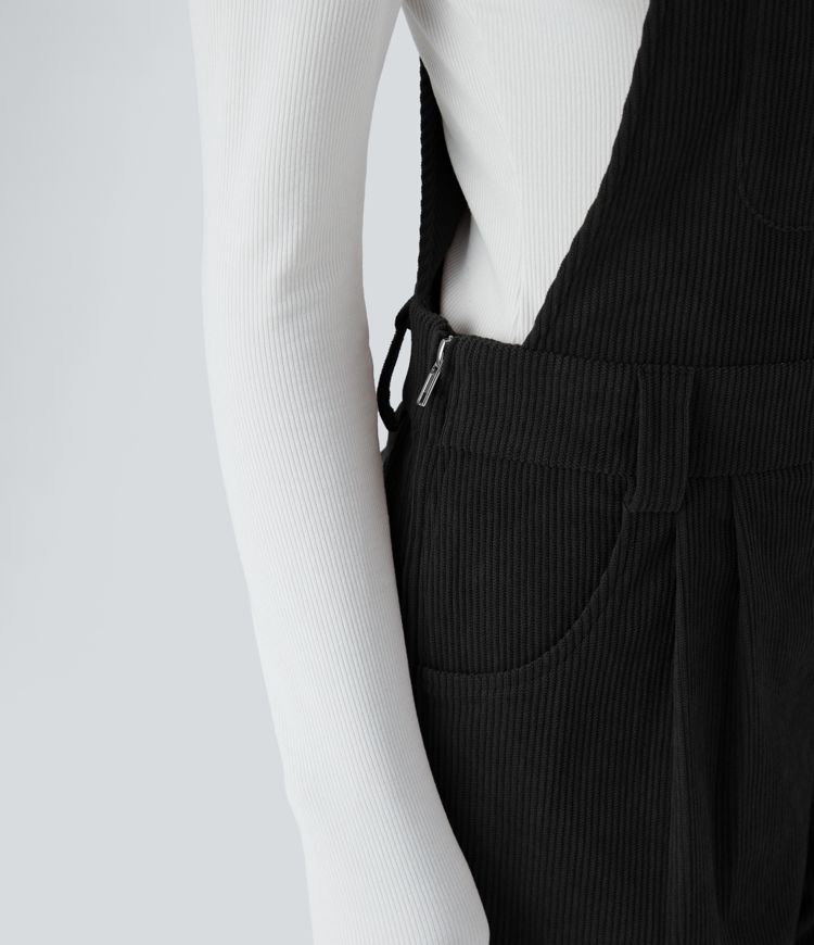 Salopette décontractée en velours côtelé plissé avec bretelles ajustables, boutons, multi-poches et fermeture éclair invisible
