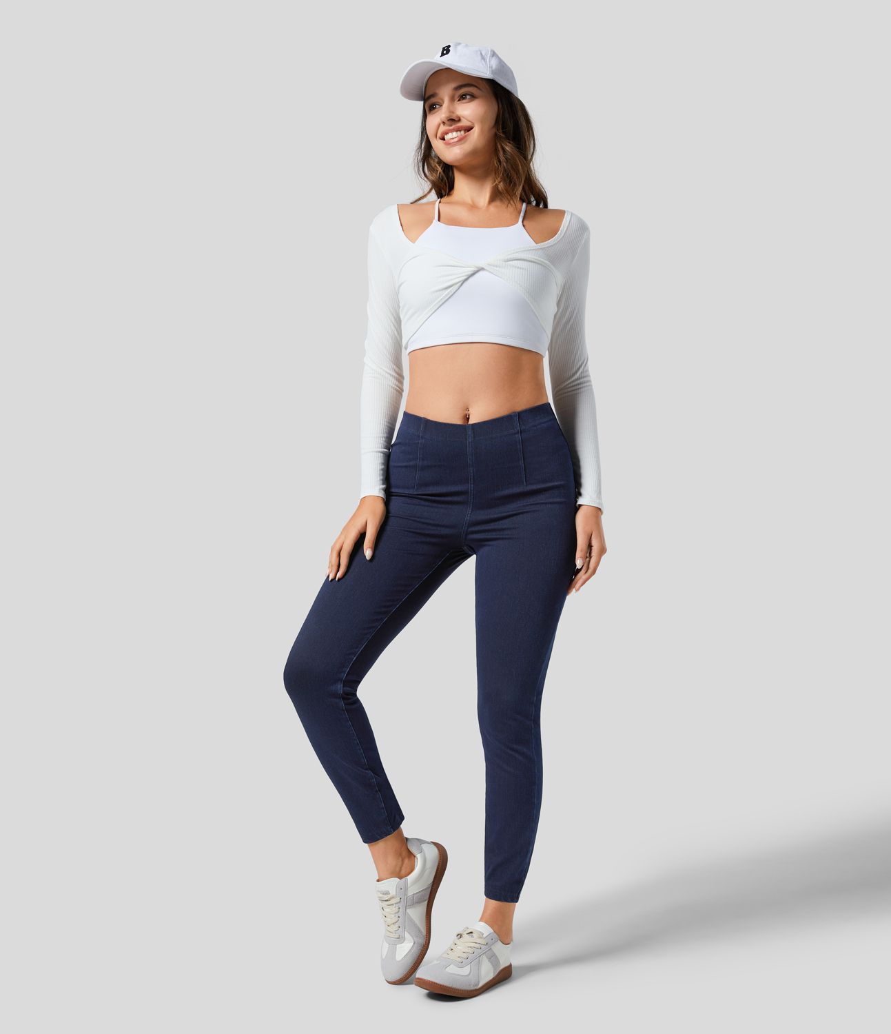 Halara Flex™ Leggings 7/8 Casual en Denim Tricot Extensible Taille Haute avec Dos en Forme de V et Poches Latérales Halara Flex™ Leggings 7/8 Casual en Denim Tricot Extensible Taille Haute avec Dos en Forme de V et Poches Latérales