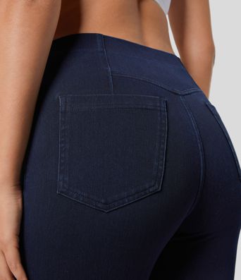 Halara Flex™ Leggings 7/8 Casual en Denim Tricot Extensible Taille Haute avec Dos en Forme de V et Poches Latérales Halara Flex™ Leggings 7/8 Casual en Denim Tricot Extensible Taille Haute avec Dos en Forme de V et Poches Latérales