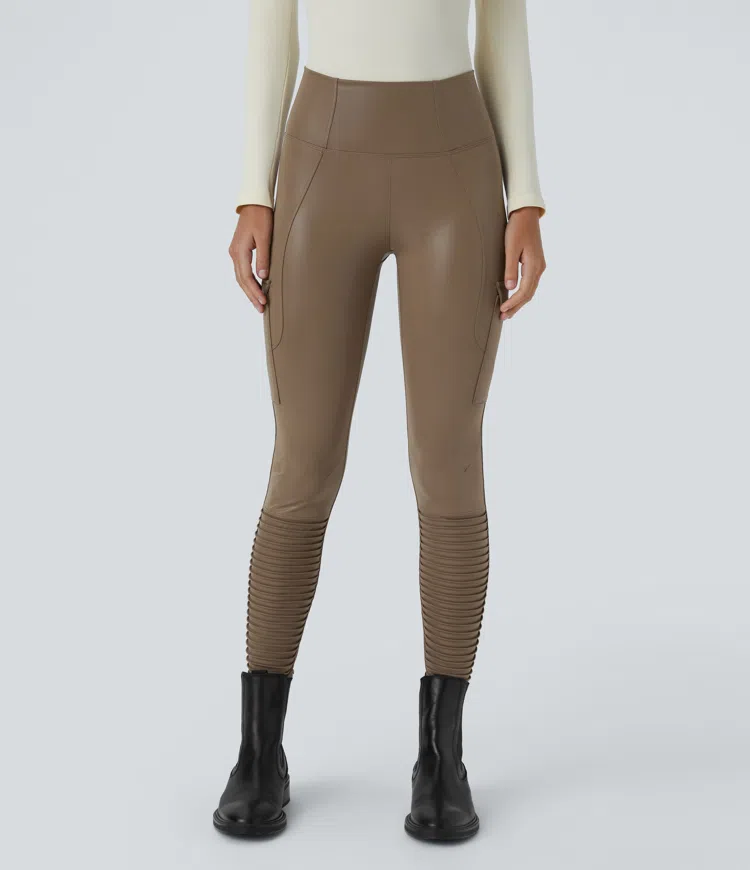 Faux Leather High Waisted Flap Pocket Ankle Length Quick Dry Casual Moto Leggings