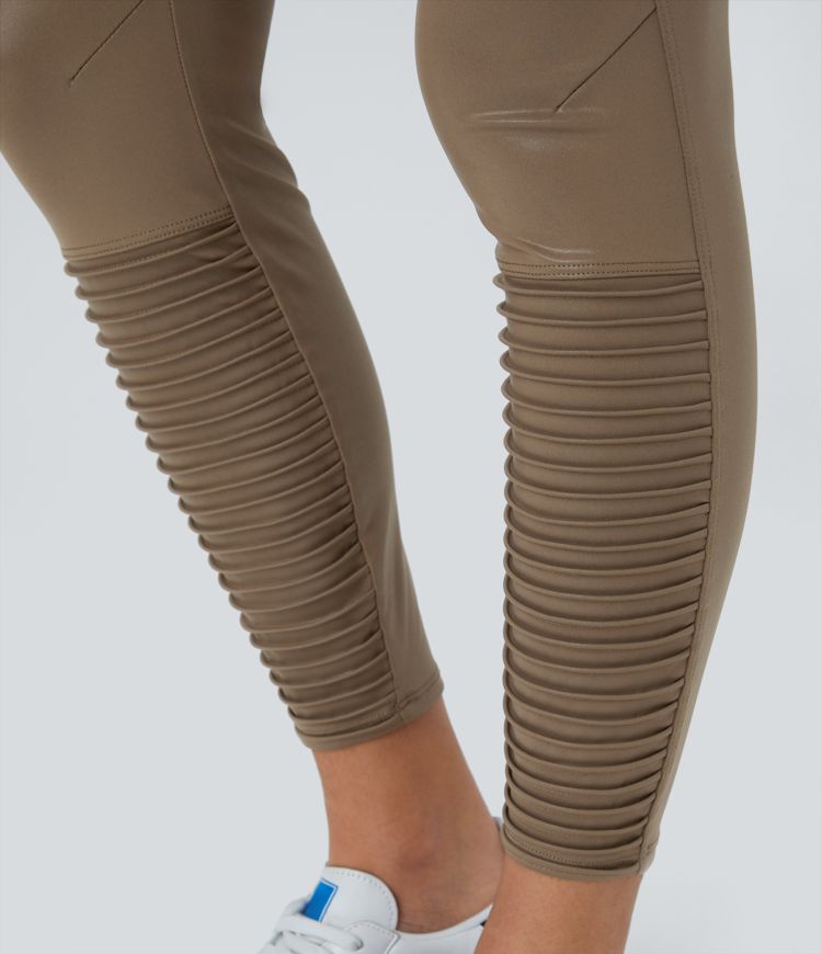 Faux Leather High Waisted Flap Pocket Ankle Length Quick Dry Casual Moto Leggings