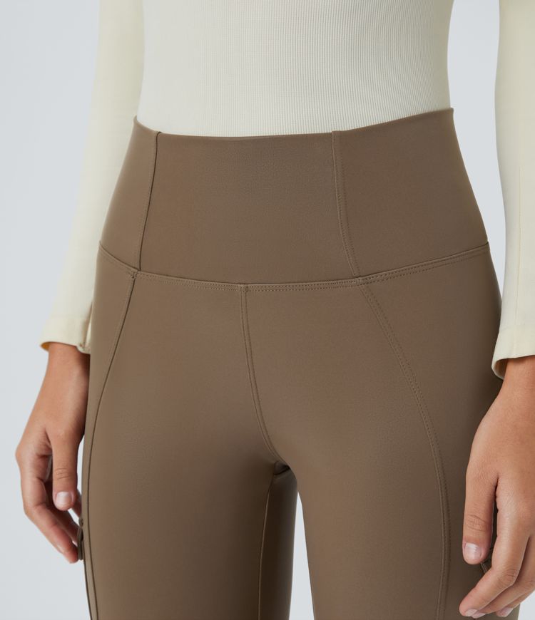 Faux Leather High Waisted Flap Pocket Ankle Length Quick Dry Casual Moto Leggings