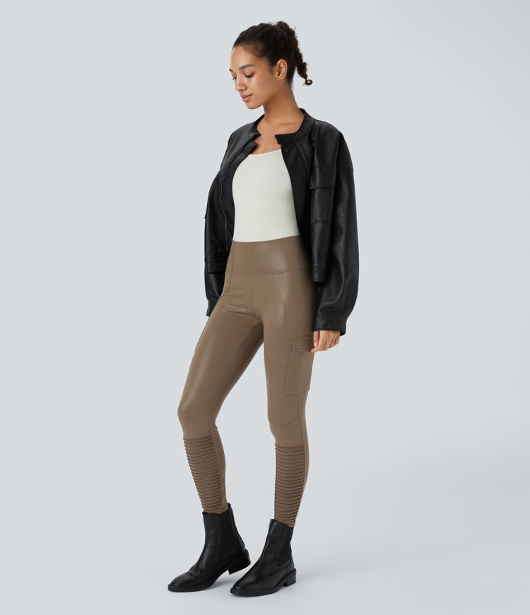 Faux Leather High Waisted Flap Pocket Ankle Length Quick Dry Casual Moto Leggings
