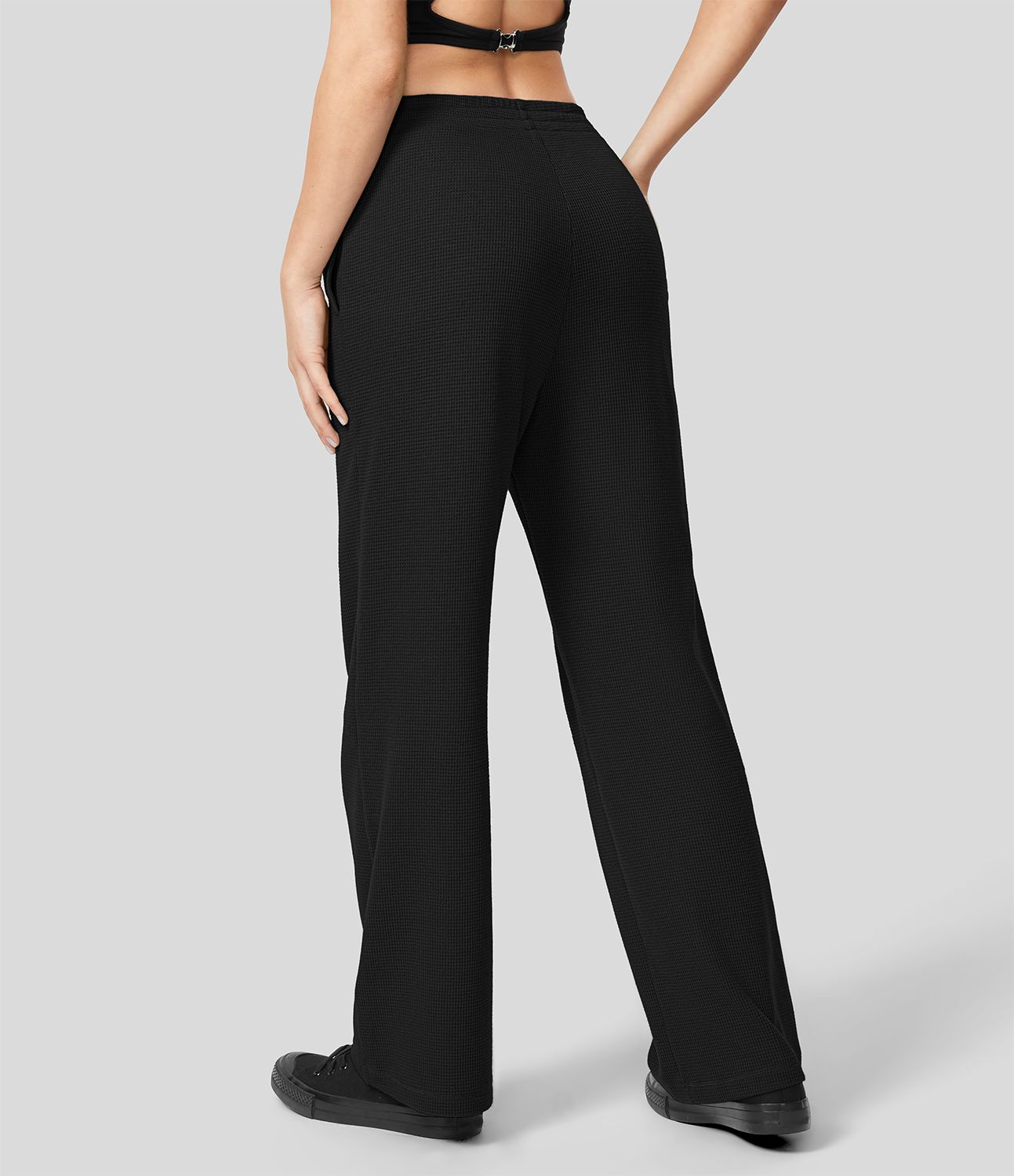 Mid Rise Side Pocket Straight Leg Waffle Casual Cotton Pants