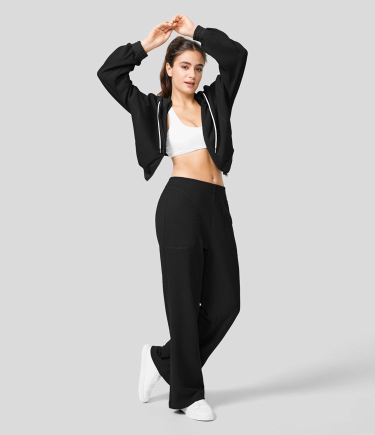 Mid Rise Side Pocket Straight Leg Waffle Casual Cotton Pants