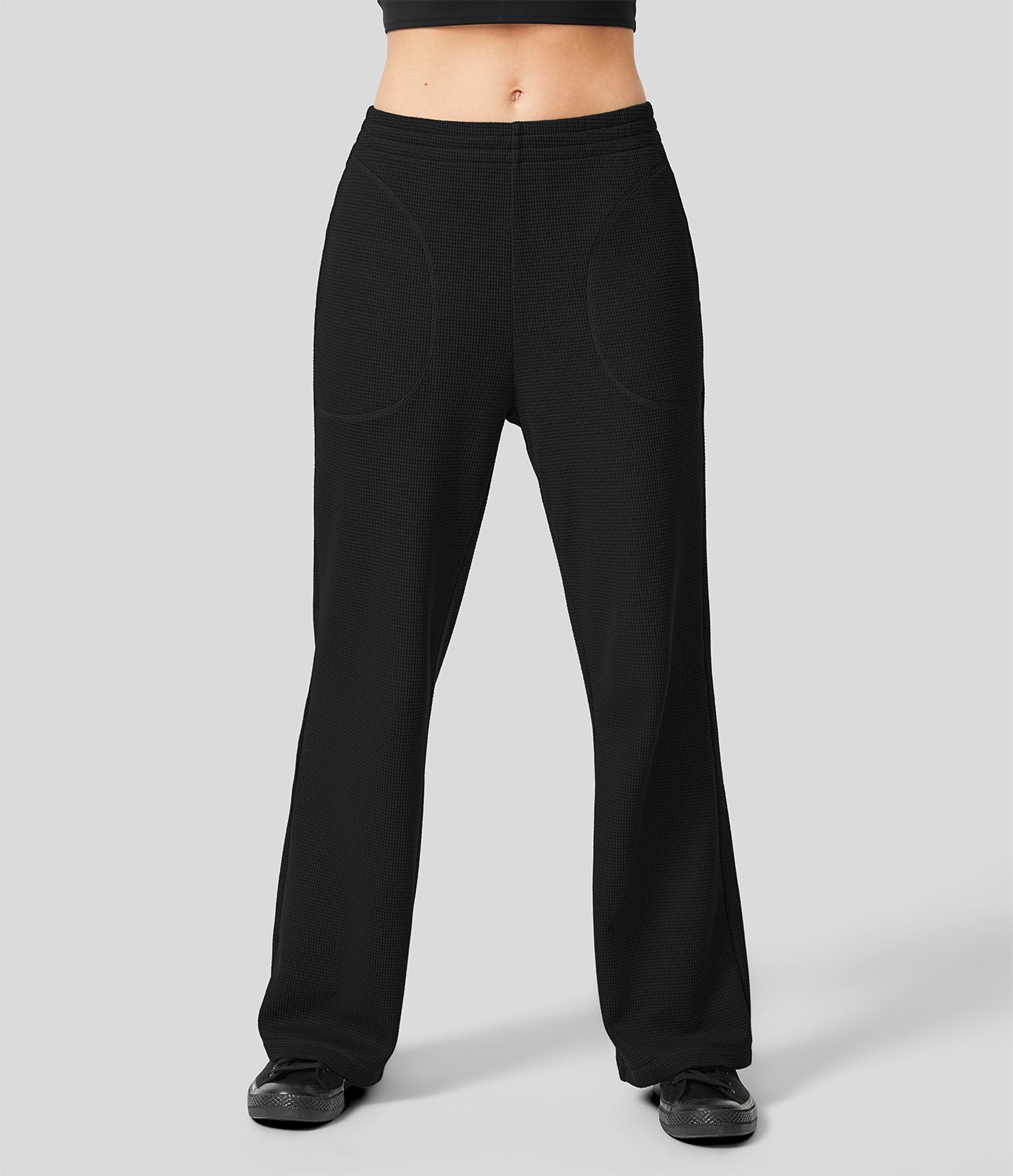 Mid Rise Side Pocket Straight Leg Waffle Casual Cotton Pants