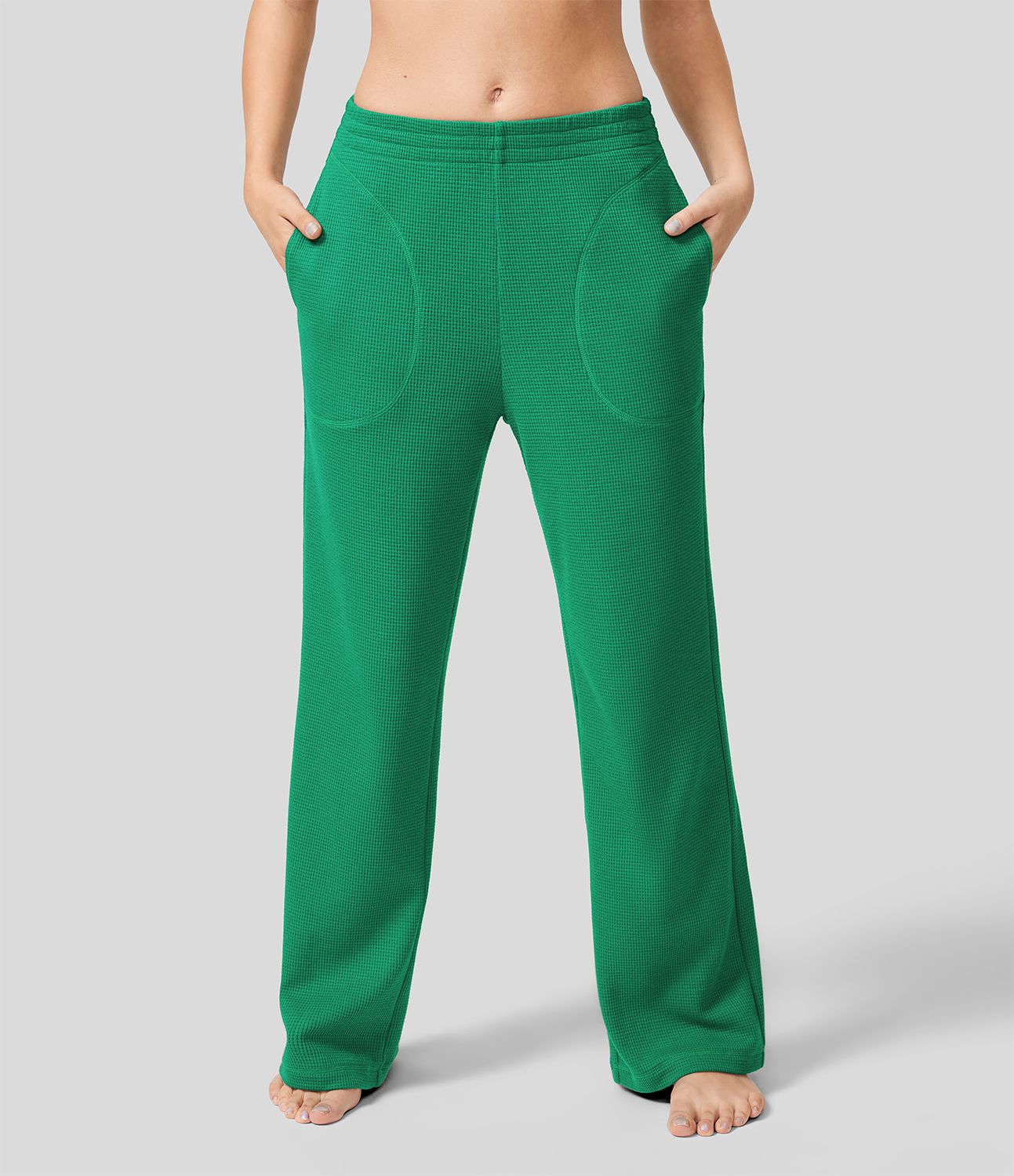 ミッドライズ サイドポケット ストレートレッグ ワッフル カジュアル コットン パンツ