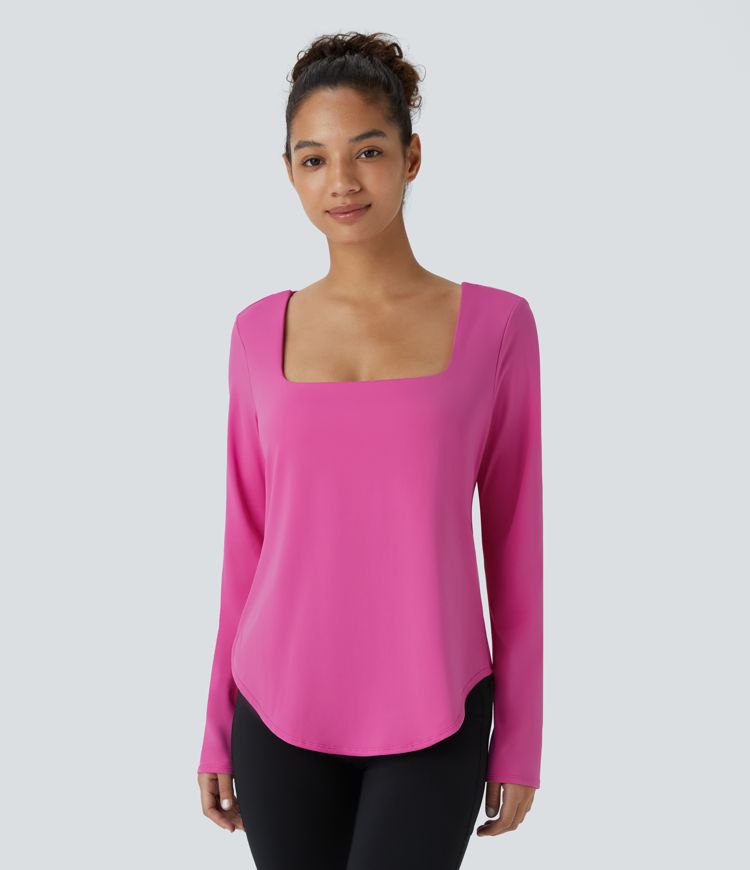 Haut de yoga et sport Softlyzero™ Airy col carré manches longues dos nu avec bretelles croisées et ourlet arrondi, toucher frais - Protection UPF50+