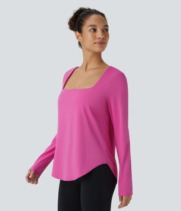 Haut de yoga et sport Softlyzero™ Airy col carré manches longues dos nu avec bretelles croisées et ourlet arrondi, toucher frais - Protection UPF50+