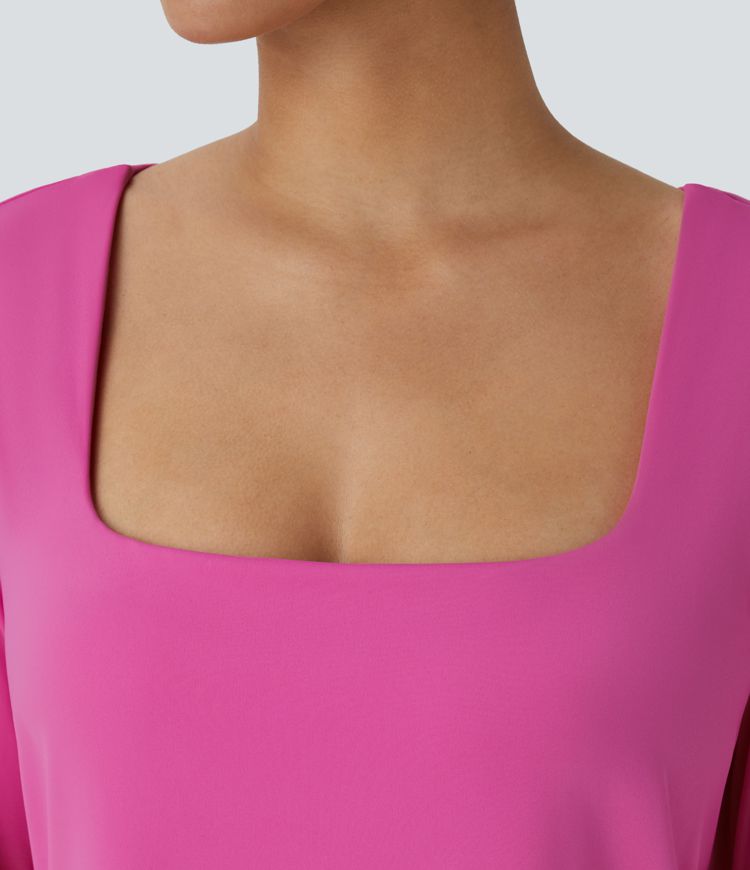 Haut de yoga et sport Softlyzero™ Airy col carré manches longues dos nu avec bretelles croisées et ourlet arrondi, toucher frais - Protection UPF50+