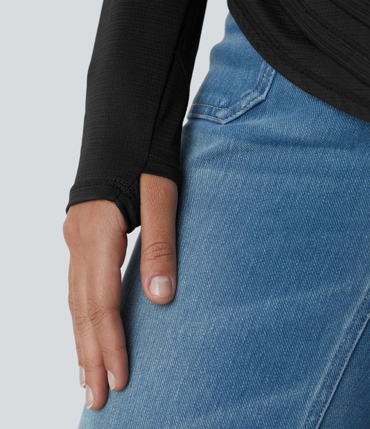 Sheer Asymmetric Long Sleeve Thumb Hole Split Jacquard Casual Sports Top