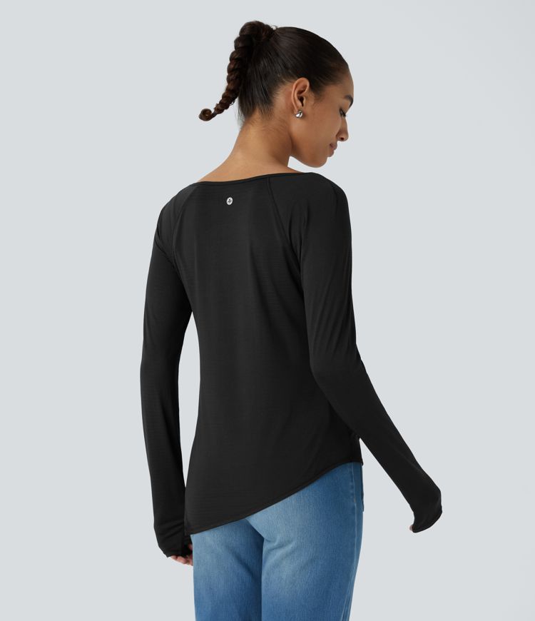 Sheer Asymmetric Long Sleeve Thumb Hole Split Jacquard Casual Sports Top