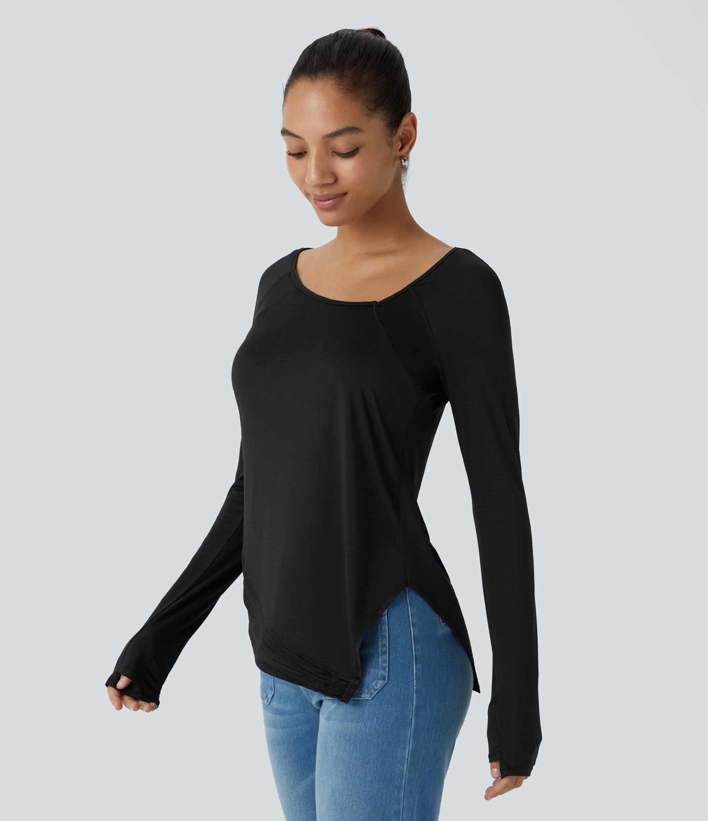 Sheer Asymmetric Long Sleeve Thumb Hole Split Jacquard Casual Sports Top