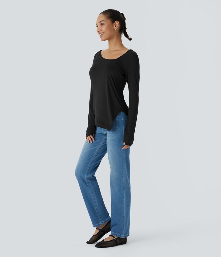 Sheer Asymmetric Long Sleeve Thumb Hole Split Jacquard Casual Sports Top