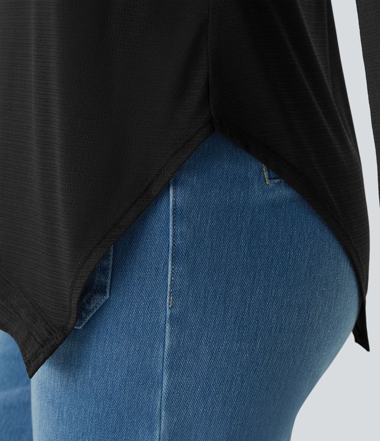 Sheer Asymmetric Long Sleeve Thumb Hole Split Jacquard Casual Sports Top