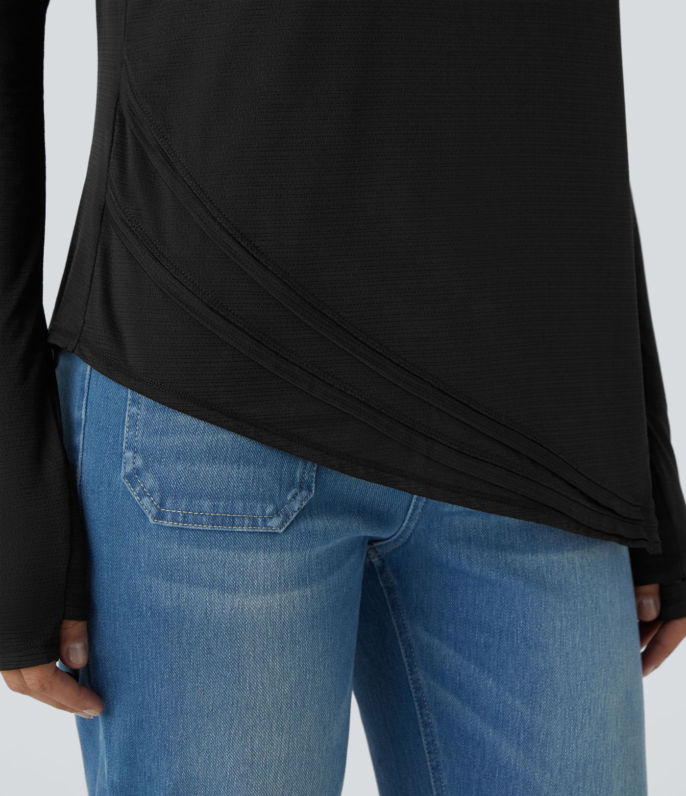 Sheer Asymmetric Long Sleeve Thumb Hole Split Jacquard Casual Sports Top