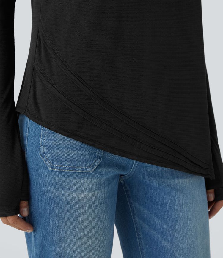 Sheer Asymmetric Long Sleeve Thumb Hole Split Jacquard Casual Sports Top