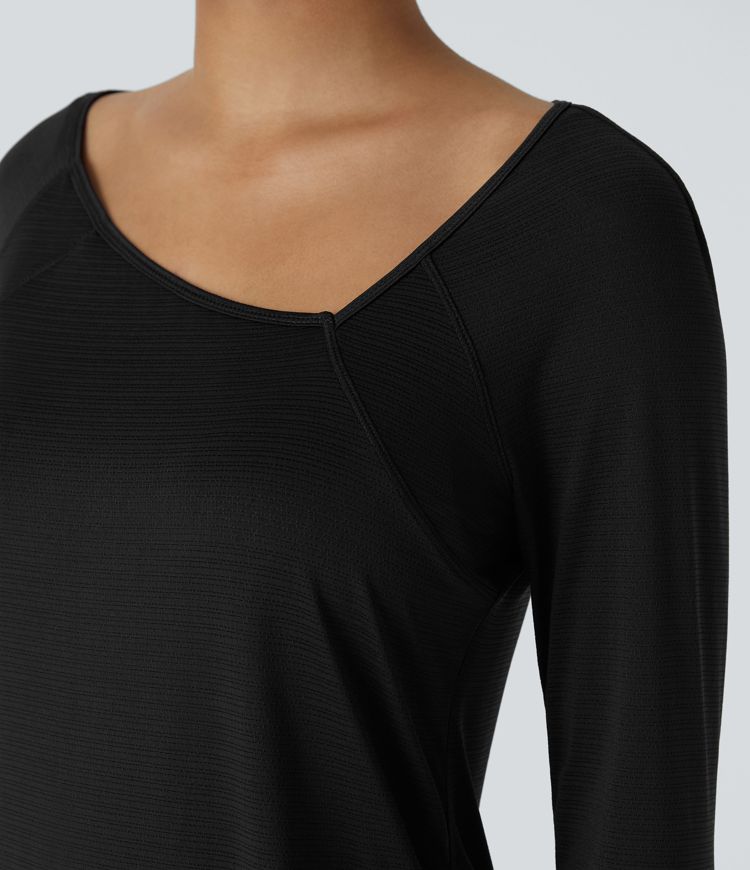Sheer Asymmetric Long Sleeve Thumb Hole Split Jacquard Casual Sports Top