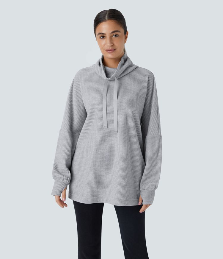 Cowl Neck Drawstring Thumb Hole Split Knit Waffle Casual Sweatshirt