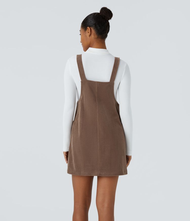 Robe salopette courte décontractée en velours côtelé avec bretelles ajustables, boutons et poches latérales