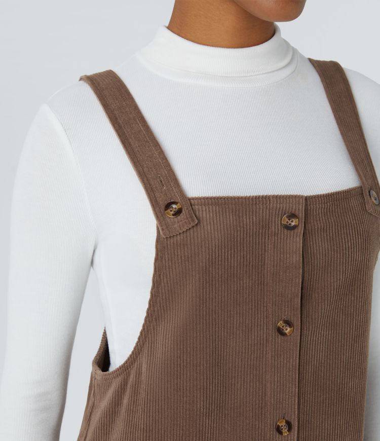 Robe salopette courte décontractée en velours côtelé avec bretelles ajustables, boutons et poches latérales