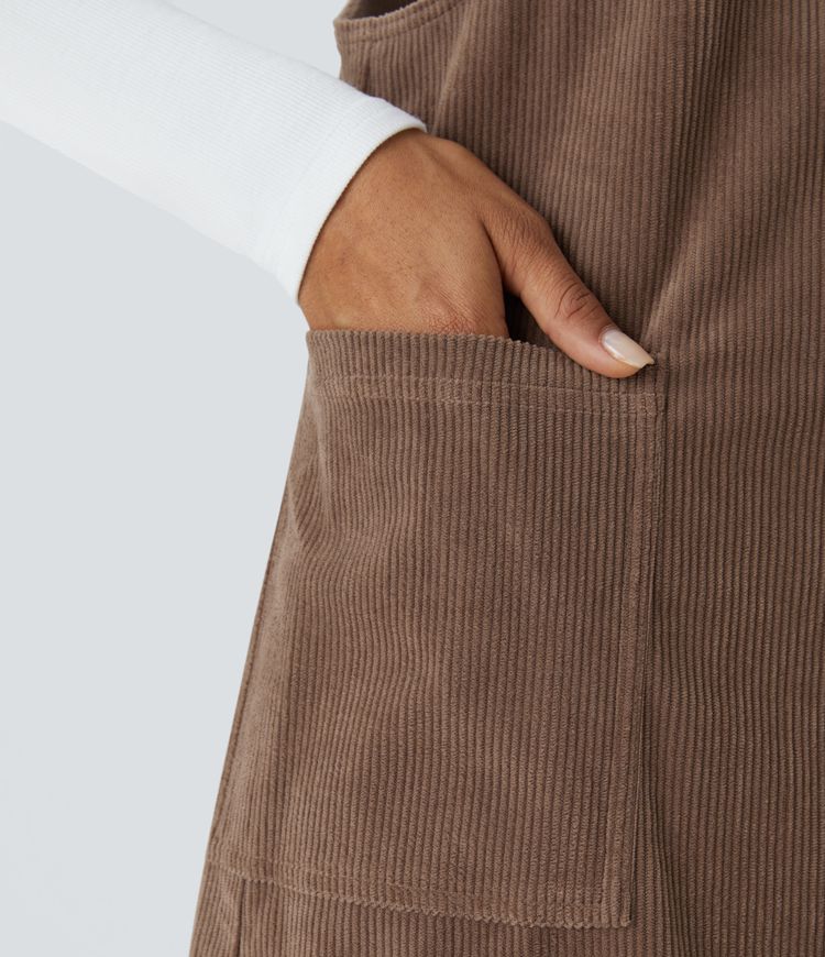 Robe salopette courte décontractée en velours côtelé avec bretelles ajustables, boutons et poches latérales