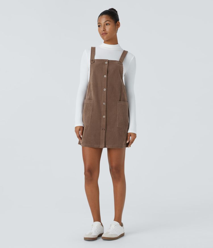 Robe salopette courte décontractée en velours côtelé avec bretelles ajustables, boutons et poches latérales