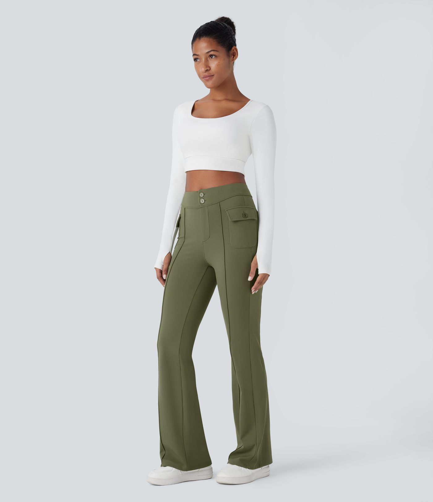 Pantalón Softlyzero™ cargo acampanado bolsillo lateral solapa tiro alto térmico