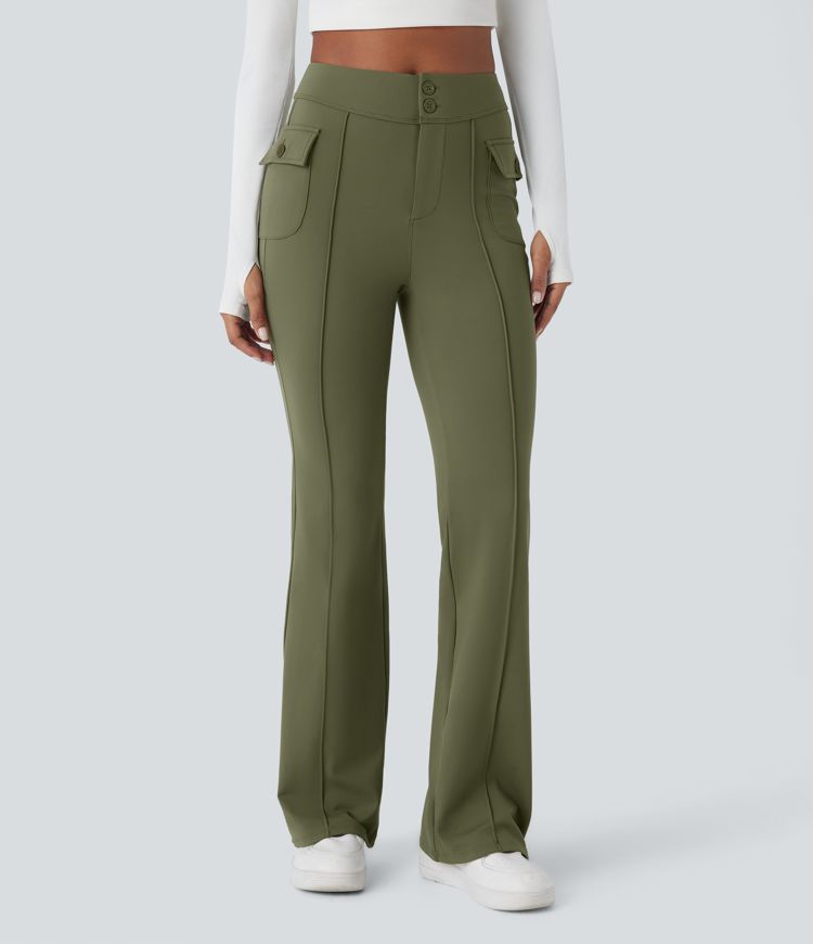 Pantalón Softlyzero™ cargo acampanado bolsillo lateral solapa tiro alto térmico