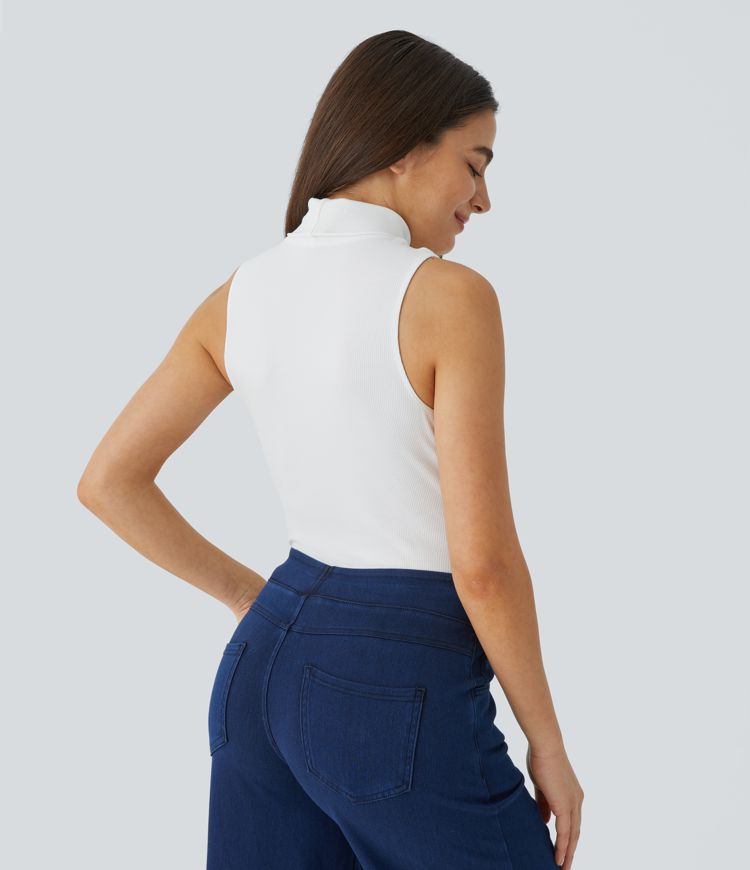 Ribbed Knit High Collar Sleeveless Casual T-Shirt