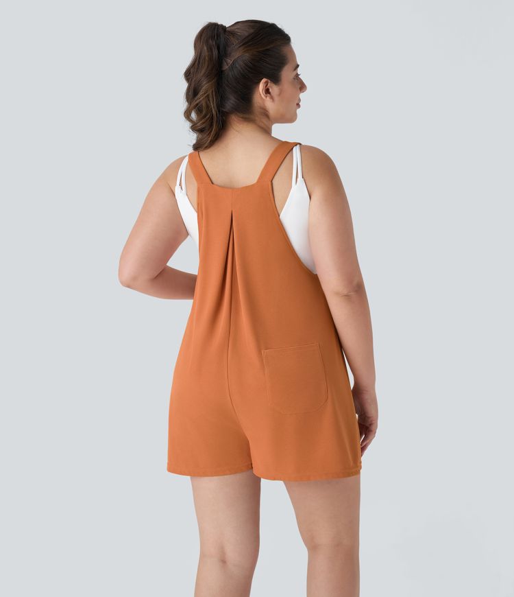 Adjustable Strap Button Multiple Pockets Plicated Waffle Casual Plus Size Overalls