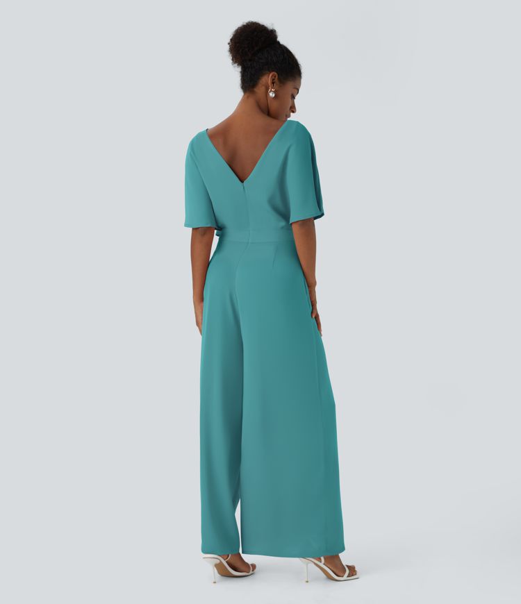 V Neck Butterfly Sleeve Pocket Flowy Wide Leg Jumpsuit