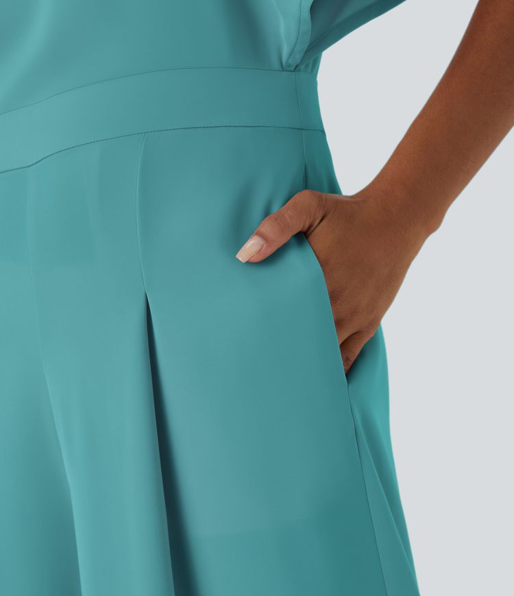 V Neck Butterfly Sleeve Pocket Flowy Wide Leg Jumpsuit