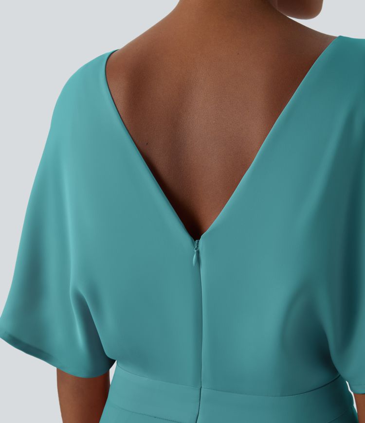 V Neck Butterfly Sleeve Pocket Flowy Wide Leg Jumpsuit