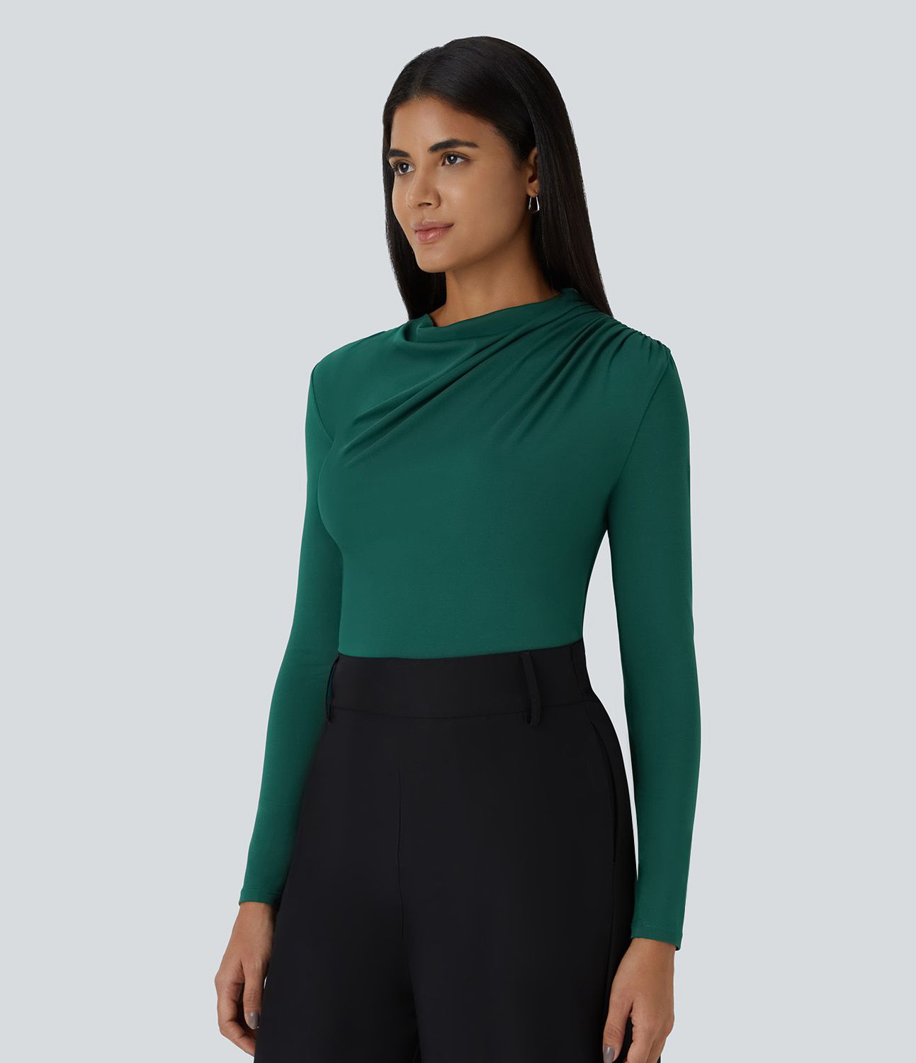 Cowl Neck Ruched Long Sleeve Slim Work Top