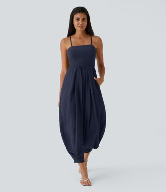 Spaghetti Strap Backless Lace Up Side Pocket Resort Jumpsuit