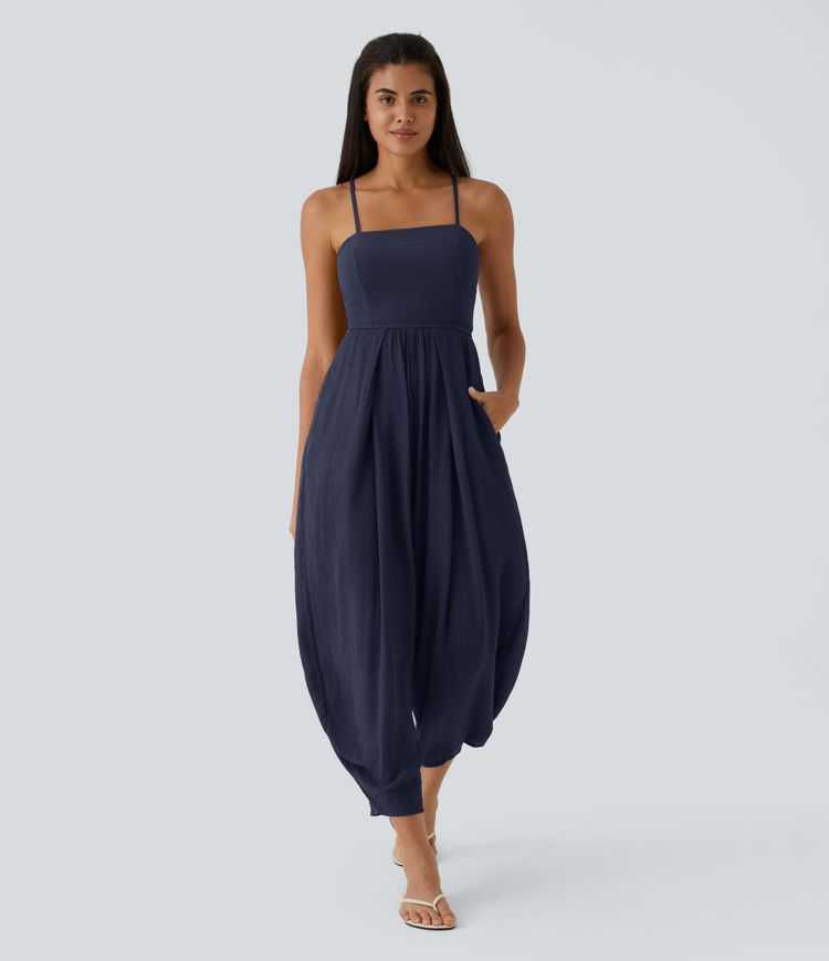 Spaghetti Strap Backless Lace Up Side Pocket Resort Jumpsuit