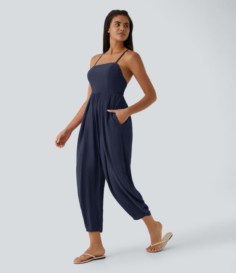 Spaghetti Strap Backless Lace Up Side Pocket Resort Jumpsuit