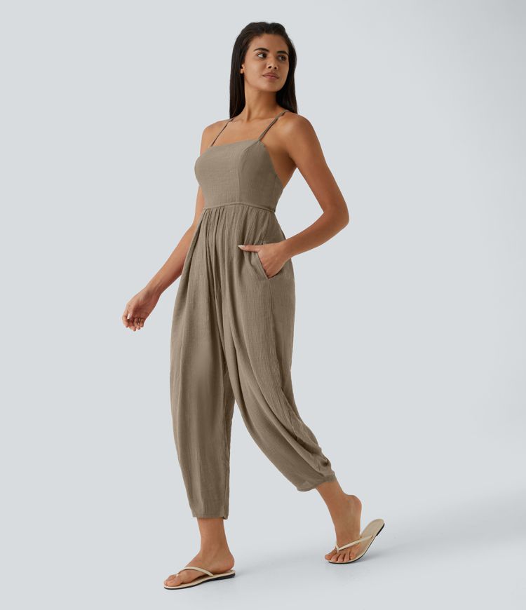 Spaghetti Strap Backless Lace Up Plicated Side Pocket Resort Jumpsuit