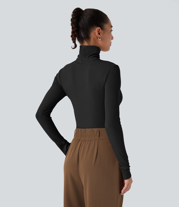 Ribbed Knit High Collar Long Sleeve Casual Top