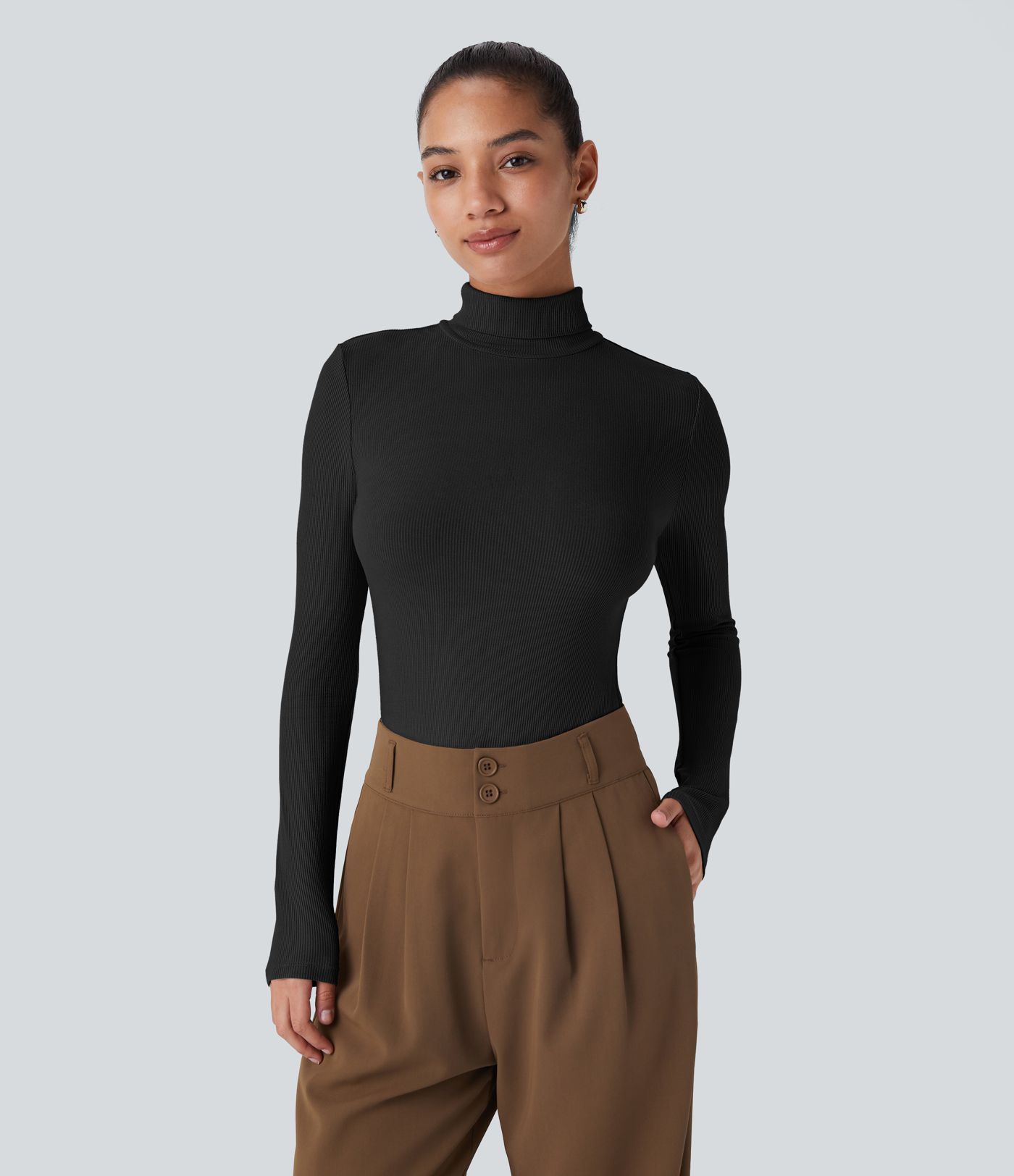 Ribbed Knit High Collar Long Sleeve Casual Top