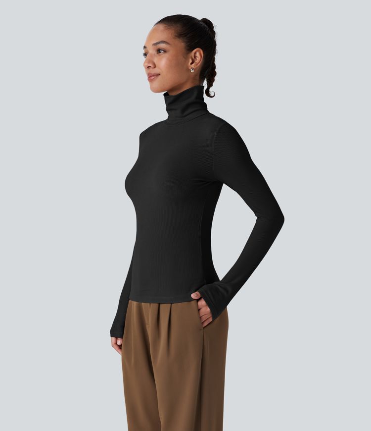 Ribbed Knit High Collar Long Sleeve Casual Top