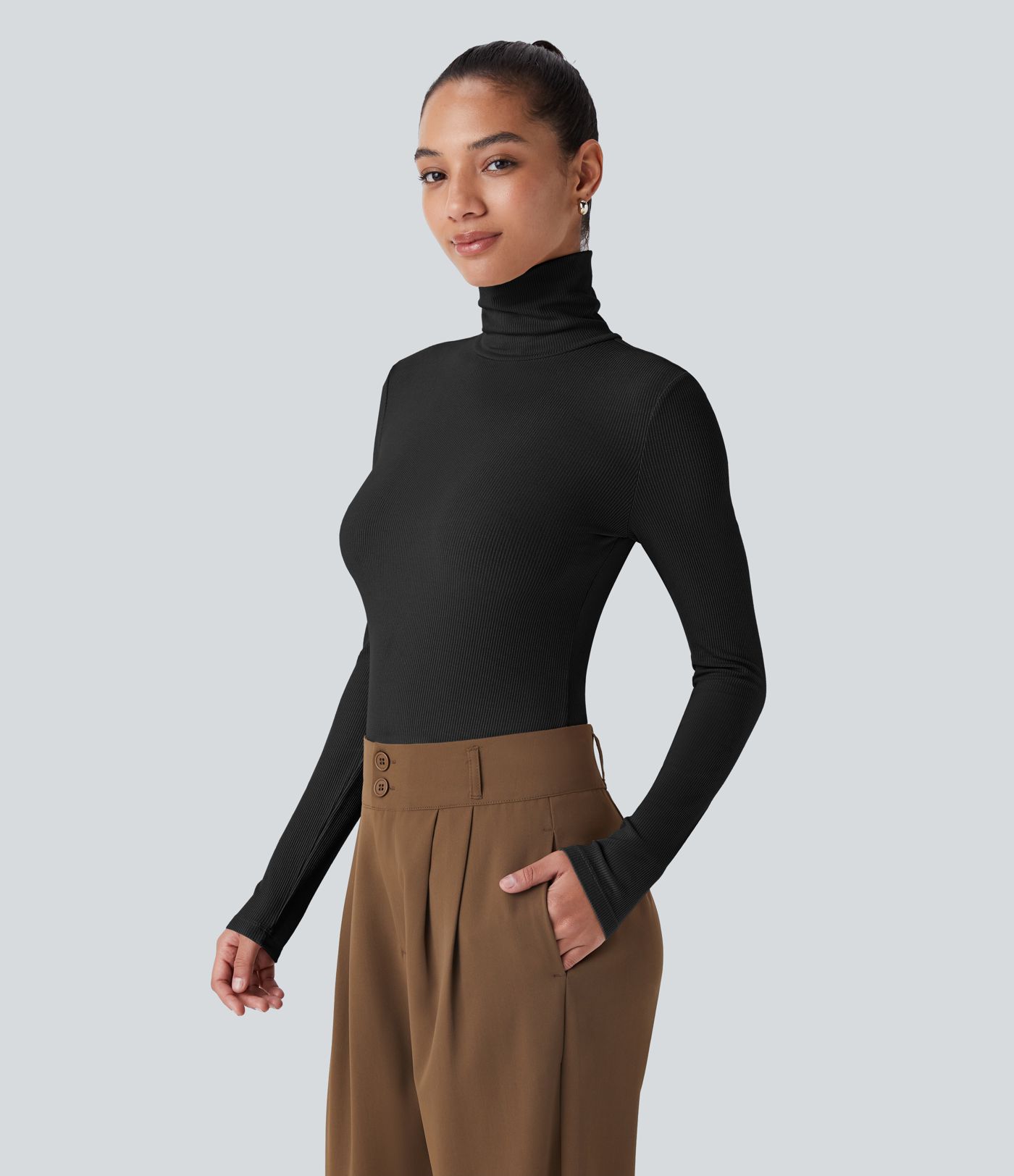 Ribbed Knit High Collar Long Sleeve Casual Top