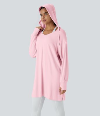 Hooded V Neck Drawstring Thumb Hole Longline Casual Sweatshirt