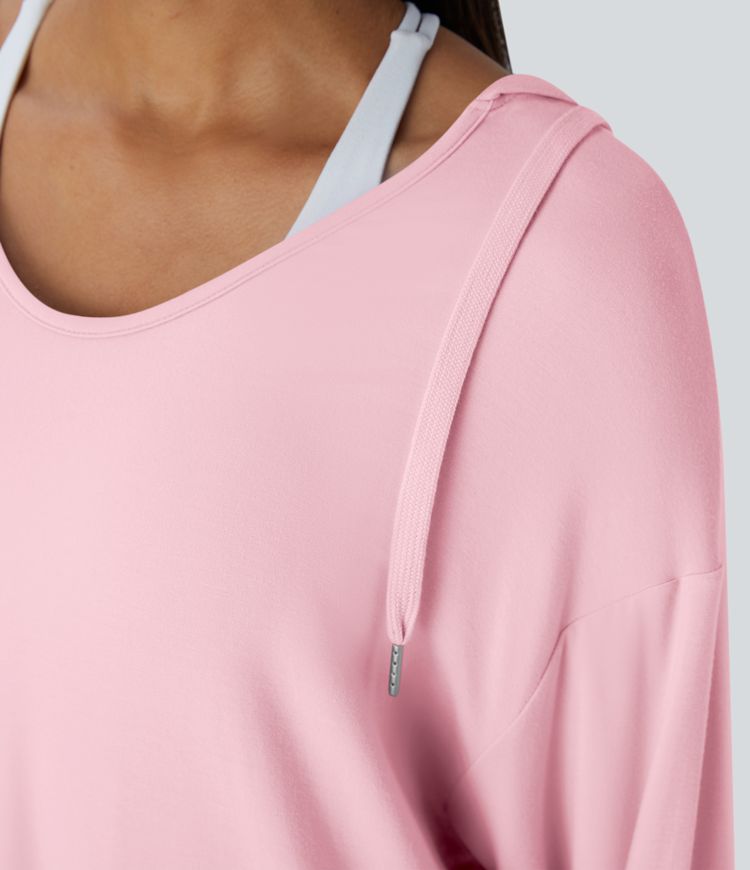 Hooded V Neck Drawstring Thumb Hole Longline Casual Sweatshirt