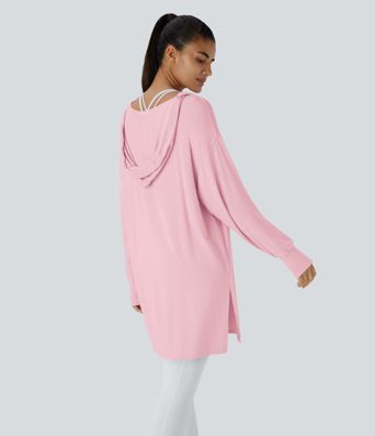 Hooded V Neck Drawstring Thumb Hole Longline Casual Sweatshirt