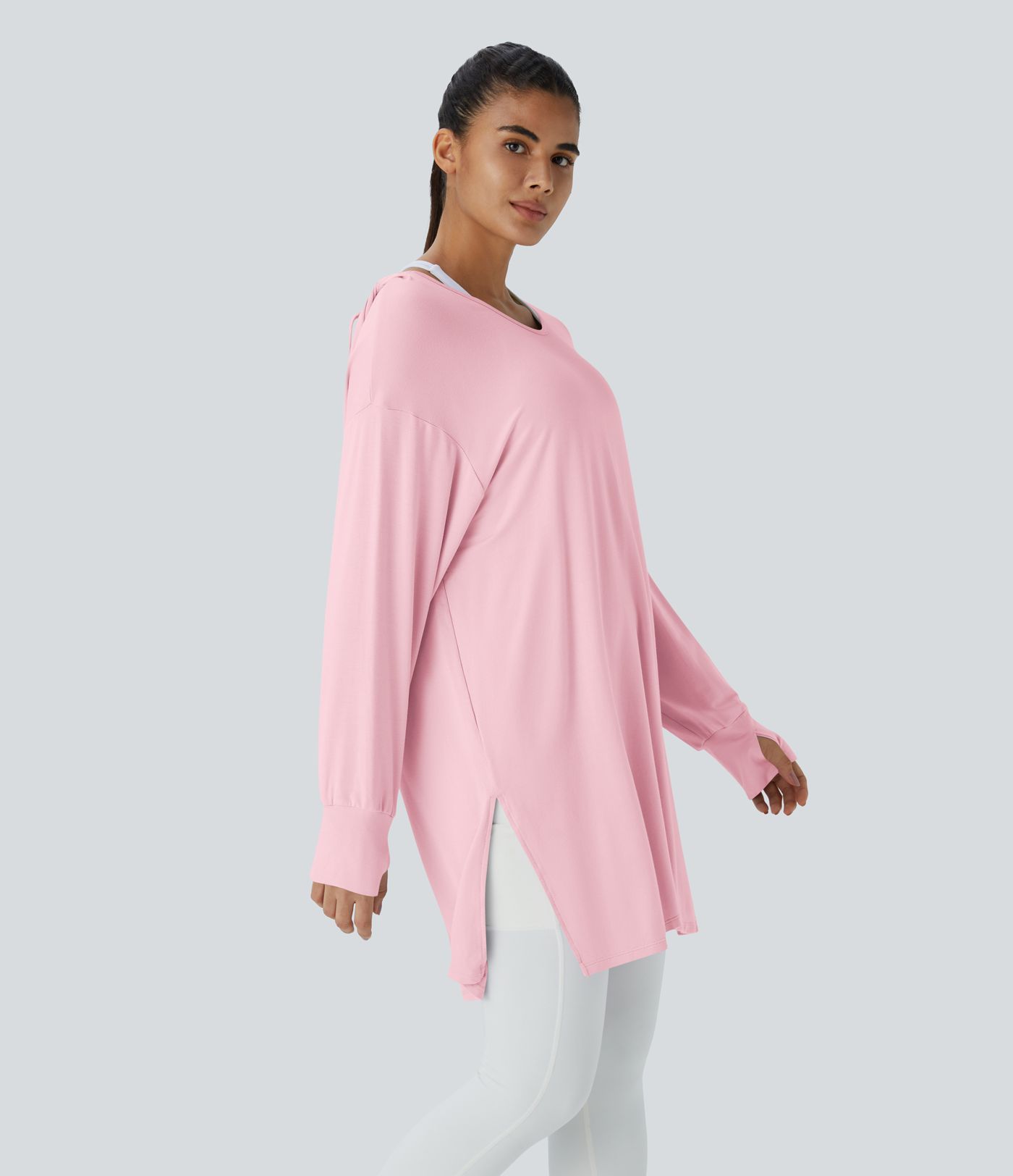 Hooded V Neck Drawstring Thumb Hole Longline Casual Sweatshirt