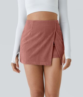 Vysoký pás, zadný zips, 2-v-1 menčestrová voľnočasová sukňa