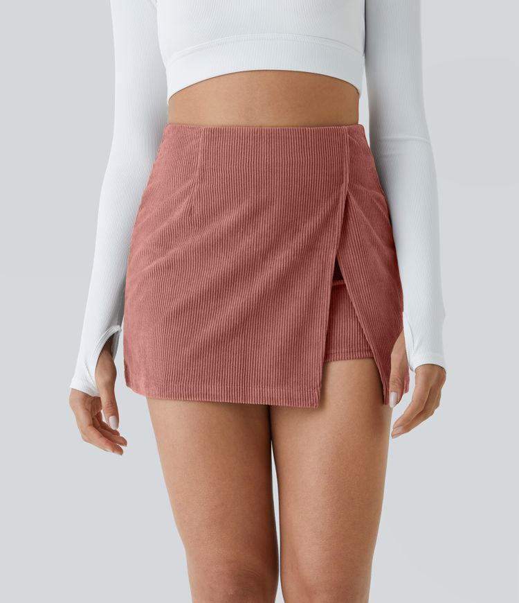 Vysoký pás, zadný zips, 2-v-1 menčestrová voľnočasová sukňa